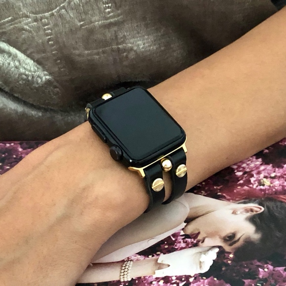 Apple Watch Black Leather Gold Jewelry Bracelet